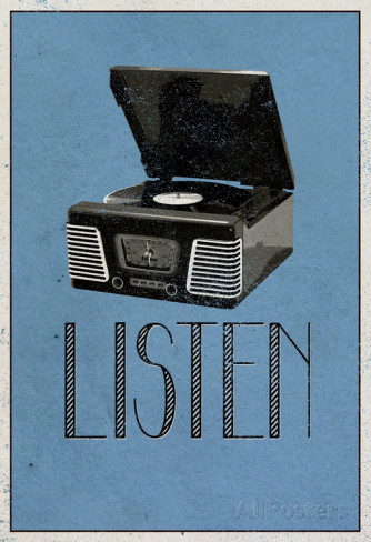 Listen Retro Record Player Art Poster Print