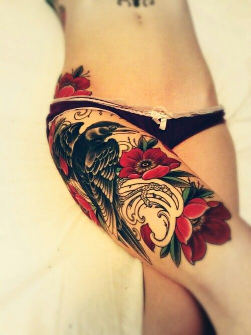 Flower & Raven Tattoo For Girl