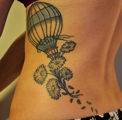 Hot Air Balloon & Flower Tattoo For Girl