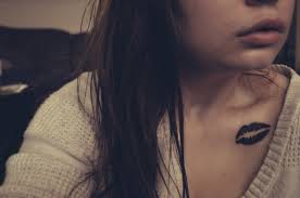 Lipstick Kiss Tattoo On Collarbone